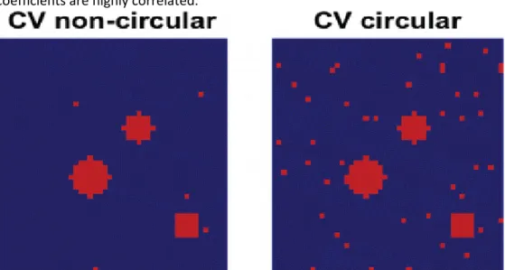 Figure 6  shows the results obtained from a model that uses a noncircular prior on  γv  that captures the induced  correlation structure in these coefficients (left plot) and also shows the results obtained using a circular prior that  assumes no correlati