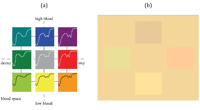 Figure 2-4. Example of skin spectral reflectance (a) and color (b) modulations as a function of 