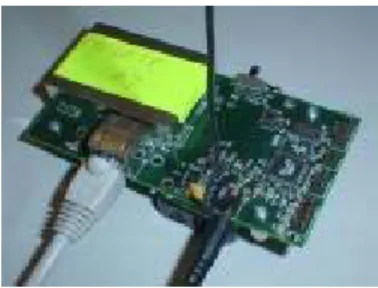 Fig. 2. Crossbow MIB600 “emote” interface board. Attached to a Mica2 or MicaZ “mote”, provides remote reprogramming and data logging capabilities.