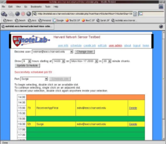 Fig. 3. MoteLab screenshot showing the Schedule Page. Two pending jobs are shown.