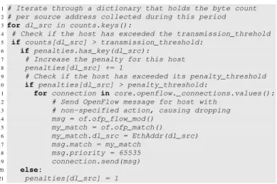 Fig. 6. Traffic measured at a Web server; an attack is launched at 20 secs and mitigated by dropping associated flows at 40 secs