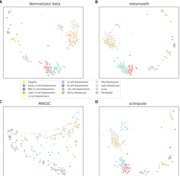 Figure 2.4: 2D PCA plots of the embryonic development dataset A) no preprocessing, B) after application of netSmooth, C) after imputing missing values with scImpute, and D) after application of MAGIC