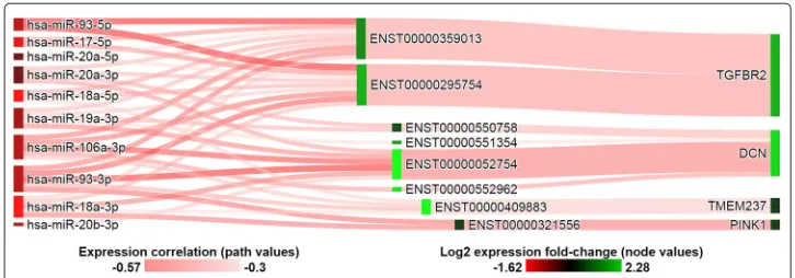 Fig. 3 Target genes of the mir-17/92 cluster and paralog clusters in the TGF-beta signaling KEGG pathway.Target transcripts were selected to have minimum log2-fold change of 0.5 between tumor and normalbreast tissue