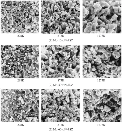 Fig. 7SEM micrographs of fracture surface of Mo/PSZ composites tested at various temperatures (1) Mo-10 vol%PSZ, (2) Mo-30 vol%PSZ, (3) Mo-60 vol%PSZ.