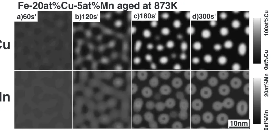 Fig. 3Two-dimensional simulation of phase decomposition in Fe–20 at%Cu–5 at%Mn alloy at 873 K.