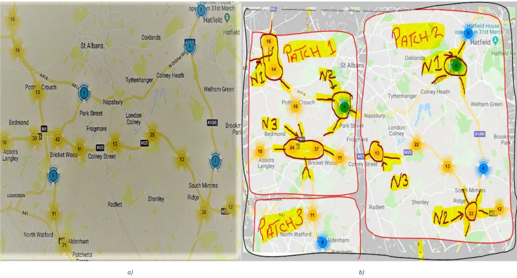 Figure 4. 1 a) Original Sample chosen test area with circles (yellow for MIDAS sites and blue for TAME sites