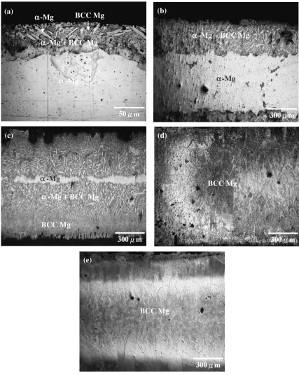 Fig. 3Optical microstructures obtained from AZ91D sheets after electrolytic diﬀusion at working voltage of: 3.4 V (a), 3.6 V (b), 3.8 V(c), 4 V (d), and 4.2 V (e) for 1 h at 500�C.
