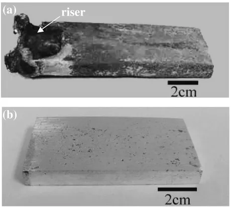 Fig. 8Mg–3.77 Li–8.6 Al–0.75 Zn as-cast block by melting and casting inair: (a) as-cast block with riser, (b) the block after machining