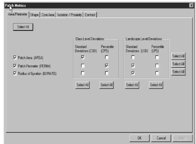 Figure  5.  Patch  metrics  dialog  box  depicting  the  Area/Perimeter  metrics  tab