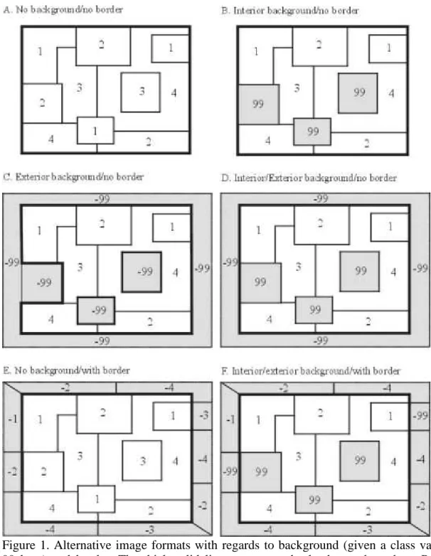 Figure  1.  Alternative  image  formats  with regards  to  background  (given  a  class  value of  99  here)  and  border