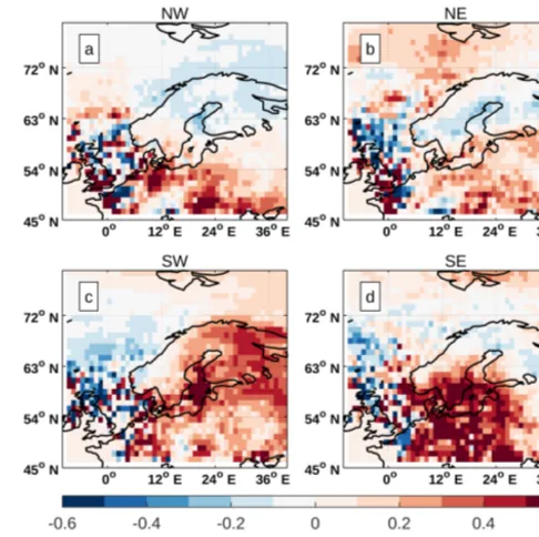 Figure 5. Anomalies of speciﬁc humidity, observed by AIRS at850 hPa. Panel (a) shows anomalies in the speciﬁc humidity for at-mospheric conditions dominated by winds from the north-west