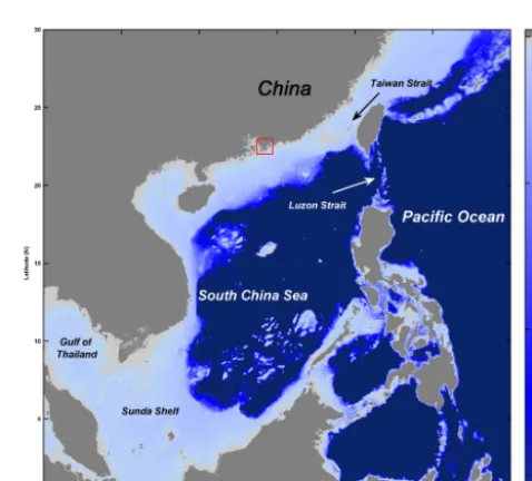 Figure 2. Location of Hong Kong in the South China Sea shown bythe red box with some major oceanographic features labeled