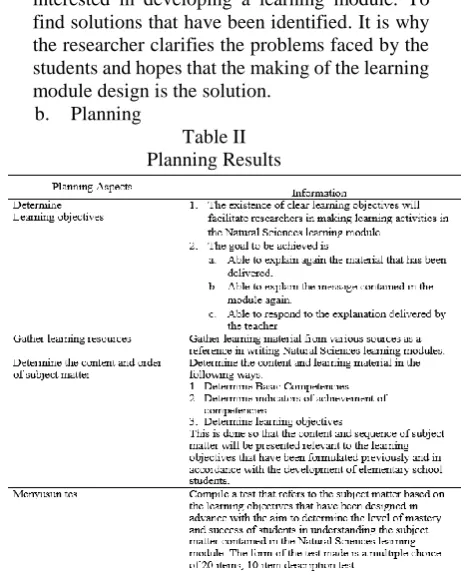Table II Planning Results 