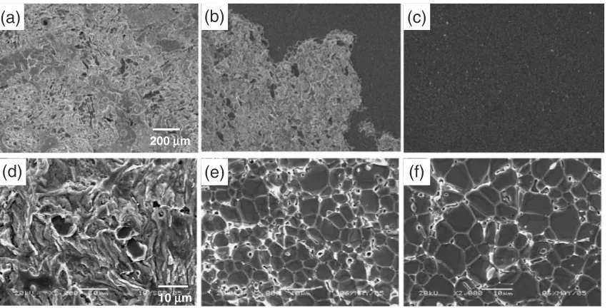 Fig. 8SEM fractographs of Zn–Sn alloys/Cu joints after tensile test: (a) Zn–40Sn/Cu, (b) Zn–30Sn/Cu, and (c) Zn–20Sn/Cu by lowmagniﬁcation and (d) Zn–40Sn/Cu, (e) Zn–30Sn/Cu, and (f) Zn–20Sn/Cu by high magniﬁcation.