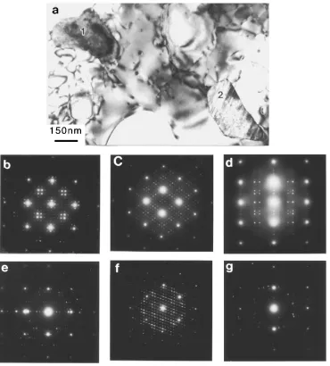 Fig. 4(a) BF image showing two diﬀerent forms (labeled 1 and 2) of coarse scale particles in the specimen aged for 72 h at 240�C