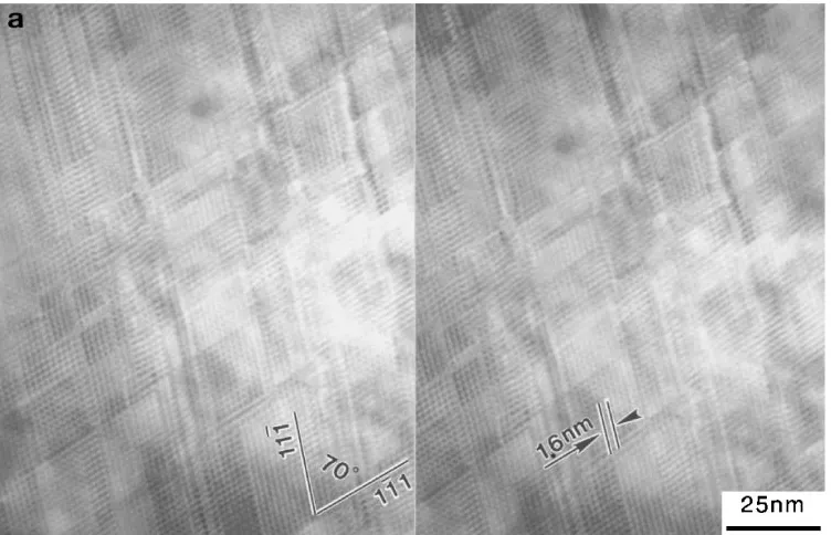 Fig. 5(a) a lattice fringe image of a single coarse globular particle oriented with the ½011�� direction parallel to the electron beamdirection and (b) an SAED pattern recorded from such a particle exhibiting extra diﬀracted spots.