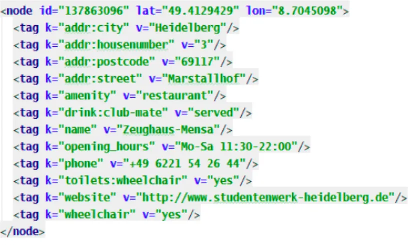 Figure 3.1.: First database entry returned for the Overpass query from Listing 3.2 in XML format