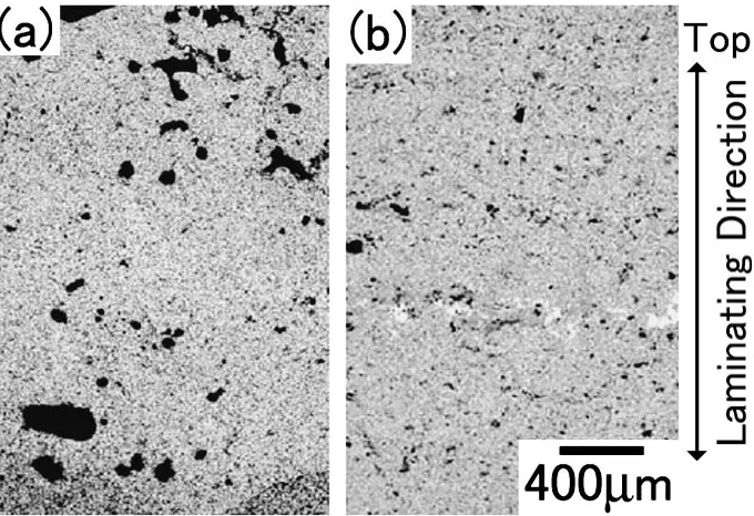 Fig. 4Microstructures of the samples laminated by hand and sintered at 873 K made with the powder coated for: (a) 3.6 ks, and(b) 10.8 ks.