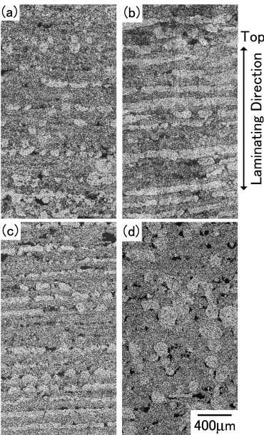 Fig. 5Microstructures of the samples laminated by the 3D printing machine using the powder coated for: (a) 10.8 ks and laminated by100 mm, (b) 10.8 ks and laminated by 200 mm, (c) 18 ks and laminated by 200 mm, and (d) 36 ks and laminated by 200 mm.