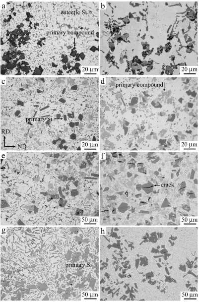 Fig. 6Microstructure showing a mid-thickness region of cast strips in the transverse (TD) section: (a), (b) TR4, (c), (d) TR5, (e), (f) TR6and (g), (h) TR3