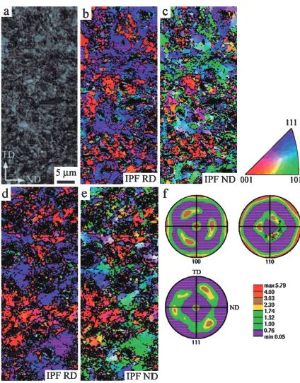 Fig. 3EBSD analysis images of cold-swaged (� ¼ 2) (a–c) and aged at 323 K for 86.4 ks (d–f) in the RD cross section of L1 RTMT:(a) image quality map, (b) IPF (inverse pole ﬁgure) map normal to RD for the area shown in (a), (c) IPF map normal to ND for the areashown in (a), (d) IPF map normal to RD, (e) IPF map normal to ND for the same area of (d), and (f) micro-texture of the area in (d).