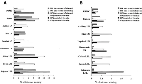 TABLE 2. Relative capacity of CD3� CD8� Gag 181-tetramer-staining cells to produce intracellular cytokines uponin vitro stimulation with peptide Gag 181