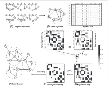 Figure 1 Overview of the proposed approach. (A)summary graph. The topological and attribute edge similarity matrices are depicted in Gene Expression datasets are represented ascoexpression graphs; In (B) multiple coexpression graphs from (A) are represented as an edge-attributed (C), the hybridsimilarity matrix is shown in (D) and the final hybrid similarity matrix after applying a cutoff is shown in (E).The weighted hybrid graph is shown in (F) with the edge clusters enclosed by ovals in dotted lines.