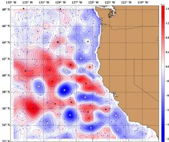Figure 1. Visualization of the geostrophic ﬂow ﬁeld on a randomly chosen day (13 October 2013) from the data set over the US west coast byRisien and Strub (2016)