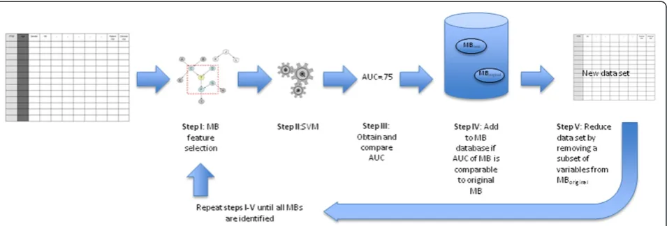 Figure 1 TIE* Algorithm Flow Chart.(step II) compact set of maximally predictive risk indicators (MBs), calculate ROC curve AUC for the MB (step III), include the MB in a pool of MBs ifAUC The figure outlines the successive steps used by the TIE* algorithm to, first, identify (step I) and validate ≥ that for the original MB (Step IV), extract MB features from the dataset (step V) and reiterate steps I to V until all MBs in a dataset are identified.