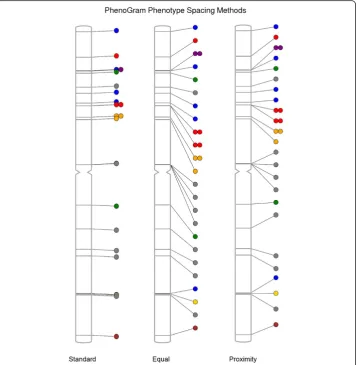 Figure 3 The different annotation spacing methods available with PhenoGram. PhenoGram hasseveral options for modifying the spatial presentation of the circles or other annotation on PhenoGramplots: The default of standard spacing, the equal spacing method 