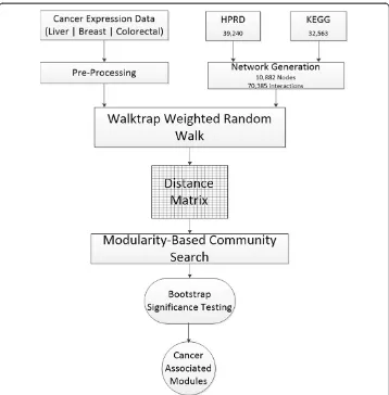 Figure 1 Flow diagram of network-based expression analysis.walk builds modules based on transition probabilities generated from the random walk process