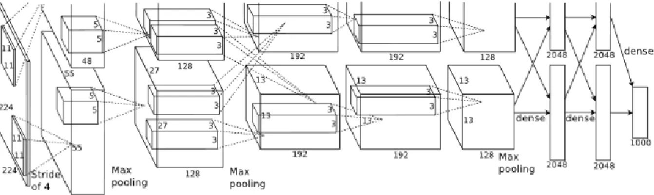 Figure 1.1 Reproduced from (39): The CNN architecture crafted for the 1000 category ImageNet classification, explicitly showing the delineation of responsibilities between two GPUs