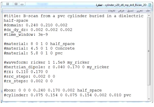 Figure 14 shows gprMax script to create a B-scan of a PVC cylinder sized 20 mms buried  in a half space with a relative permittivity of 8