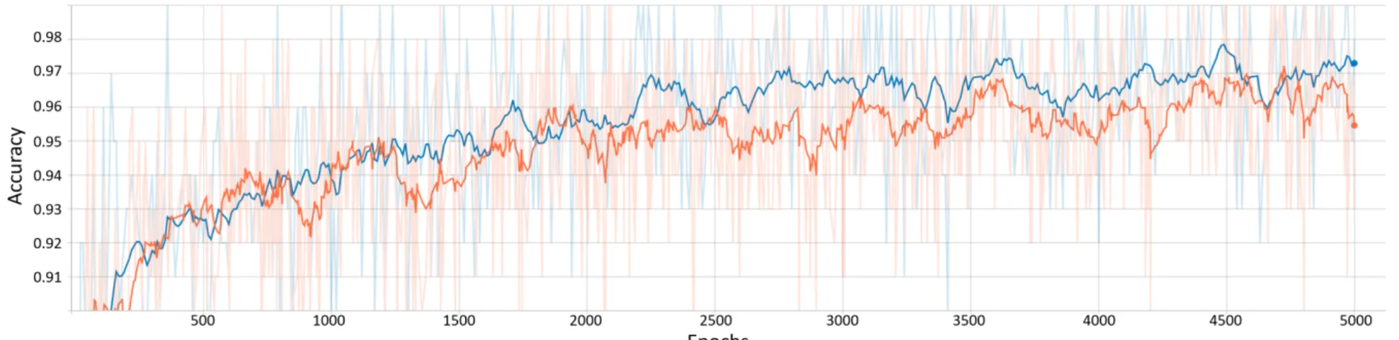 Figure 5. Graph of the accuracy obtained along the 5000 epochs, red line = train data, blue line = validation data.