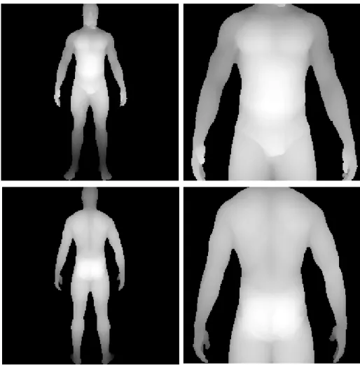 Figure 3.2: Depth renderings examples of a single subject. From left: Full body frontal view, Torso frontal view, Full body back view, Torso back view.