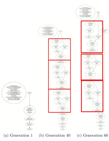 Figure 4.4: Visualization of best assembled networks discovered by CoDeep- CoDeep-NEAT at generations 1, 40, and 60