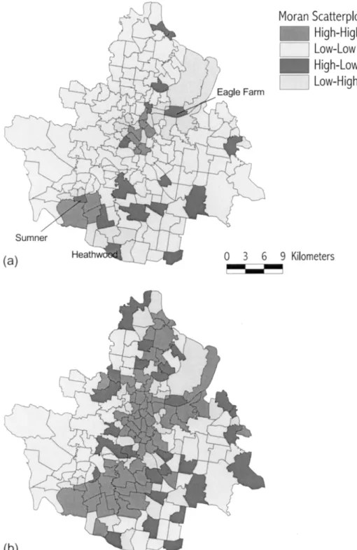 Fig. 8 Moran scatterplot map of property crime: (a) property crimes per 1,000 residents, (b) power transformation of (a)
