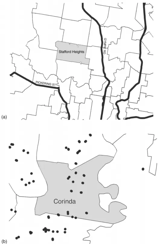 Fig. 1 Basic GIS spatial relationship functions: (a) proximity analysis, (b) spatial containment