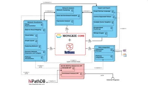 Fig. 2 Overview of software architecture implemented in MONGKIE. The blue blocks represent the core functional parts of the platform such as graphvisualization, network analysis, data integration, import and export