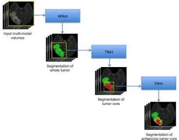 Fig. 4: Triple Cascaded framework for segmentation of brain tumor and its sub-regions [17].