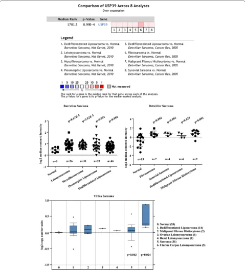 Fig. 1 USP39 expression level in sarcoma tissues using the Oncomine database. Expression is shown as log2 transformation of median-centered intensity