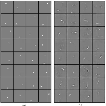 FIGURE 3 – RFs or weights of randomly selected 32 out of 196 (n  = 196) hidden neurons of (a) NNSAE (b) NCAE trained using MNIST dataset