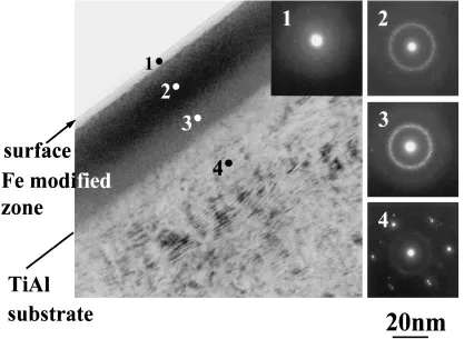 Fig. 3TEM bright ﬁeld image and electron diﬀraction patterns of the Fe-implanted specimen (50 keV, 1021 m�2).