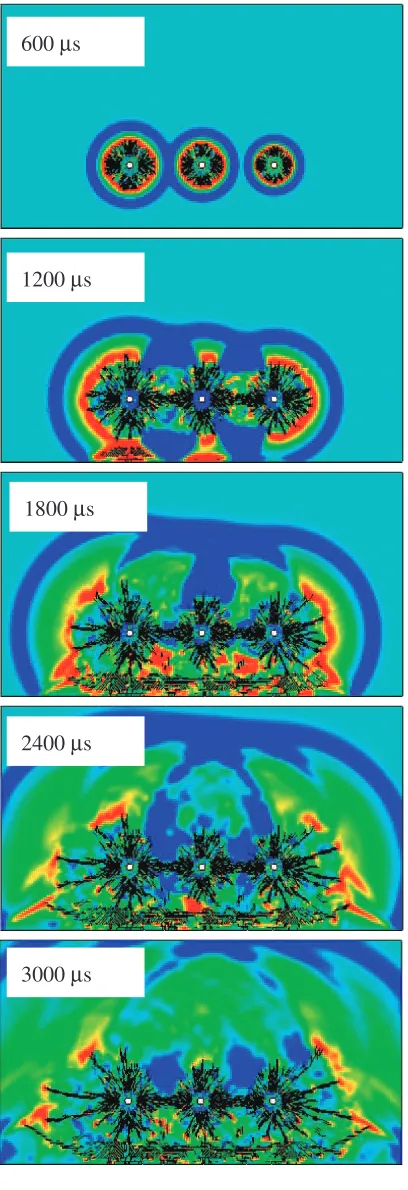Fig. 11Maximum principal stress distribution and crack propagation in awide space blast model.
