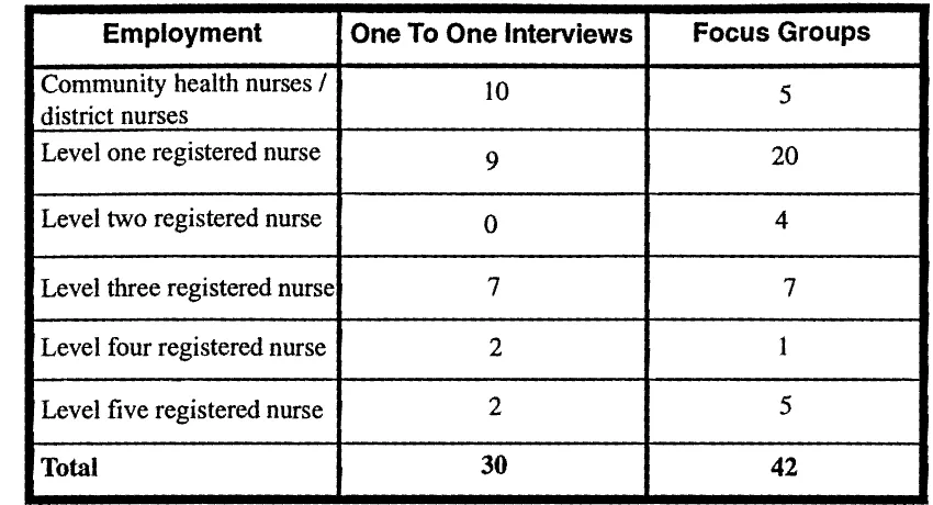 Table 1.1 Classification Of Nurses Participating In The Interview 
And Focus Group Component Of The Study 
