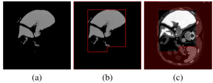 Fig. 4. The process of labeling for GrowCut method: (a) Largest connected component of preprocessed image; (b) The separating frame shown as red;