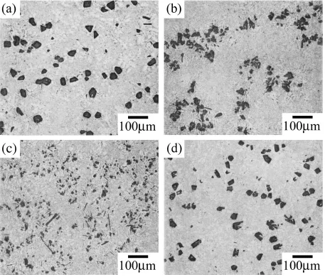 Fig. 5Microstructures of Al-17%Si alloy. (a) nonvibrated specimen (0 T, approximately 60 A, 100 Hz), (b)–(d) vibrated specimens(1.6 T, approximately 60 A, and frequencies are (b) 60 Hz, (c) 1 kHz, (d) 10 kHz).