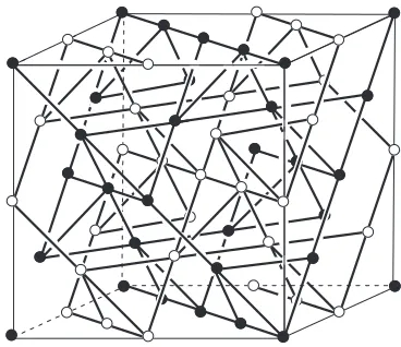 Fig. 1Unit cell displaying only cation arrays in the room-temperaturepyrochlore Cd2Nb2O7 structure (closed circles: Cd; open circles: Nb).These two types of cations are not in the equivalent lattice positions