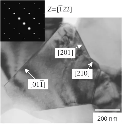 Fig. 9TEM microstructure of three grain boundaries intersecting at a triplejunction (indicated by an arrow) in 0.3 Ti/10 h specimen.