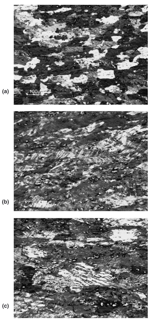 Fig. 1Representative optical micrographs of the grain structure of thestarting annealed billet (a) and of the billet ECAP processed to one (b) andtwo (c) passes.